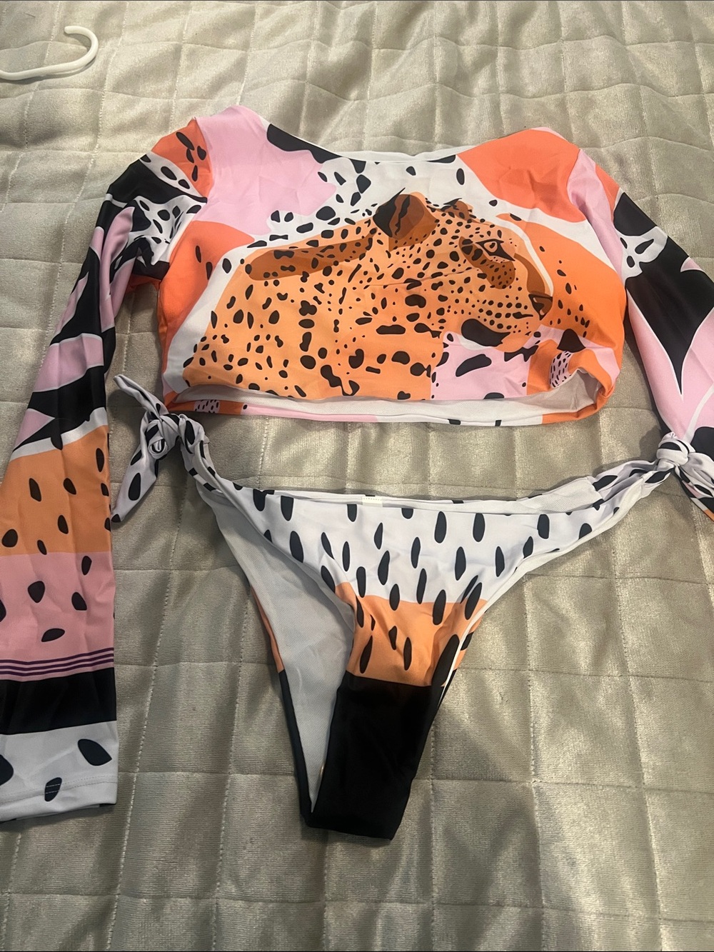 Two-Piece Long-Sleeve Swim Set with Cheetah Print - Pink & Orange